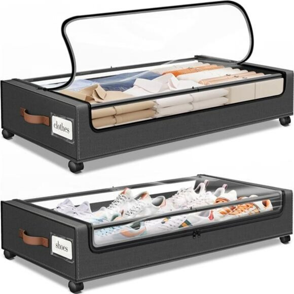 Under Bed Storage with Wheels 2 Pack Rolling Bins for Clothes Shoes Blankets - Picture 1 of 7